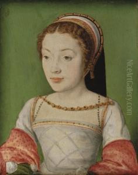 Portrait Of Renee De France 
(1510-1574), Bust-length, In A White Dress With Red Sleeves, With A 
Jewelled Necklace And A Head-dress - view 1