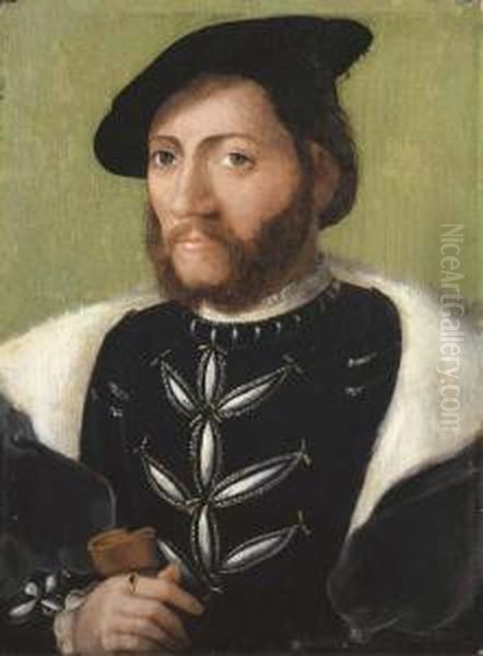 Portrait Of A Bearded Gentleman,
Half-length, In A Black Velvet Doublet With A Fur-lined Cloak And Black
Cap, Holding A Glove In His Right Hand - view 1