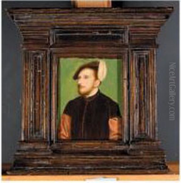 Portrait Of A Nobleman, Half
Length, Wearing A Velvet Maroon Doublet, And A Feathered Hat - view 1