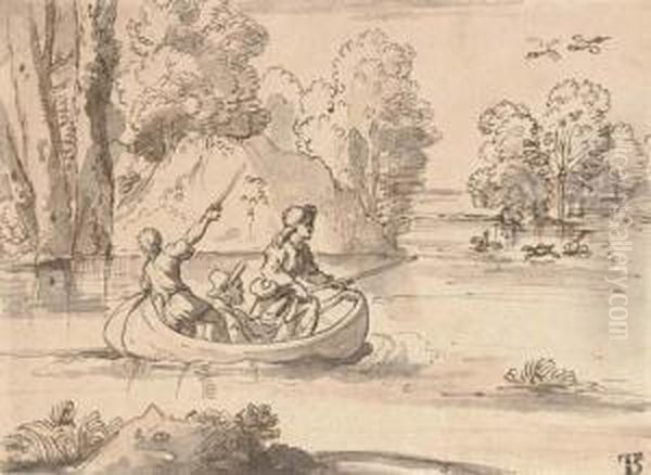 Three Men Shooting Duck From A Boat - view 1