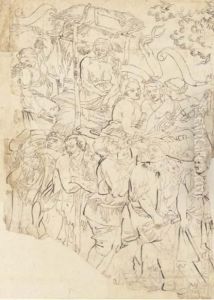 Une Procession Avec Des Hommes Et Des Femmes Tenant Des Instrumentset Portant Une Femme