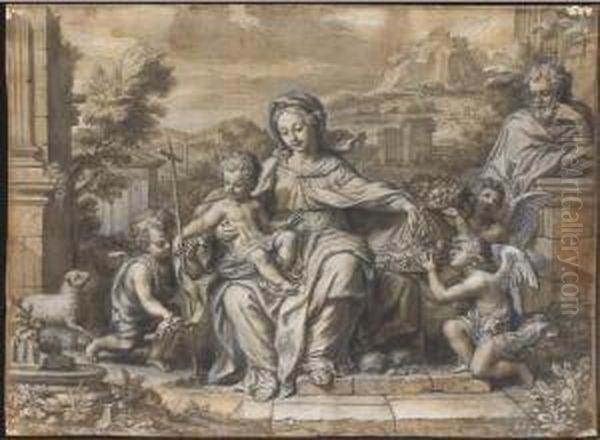 La Sainte Famille Avec Saint
Jean-baptiste Et Des Putti Apportantdes Corbeilles De Fruits Et De
Fleurs Dans Un Paysageclassique - view 1