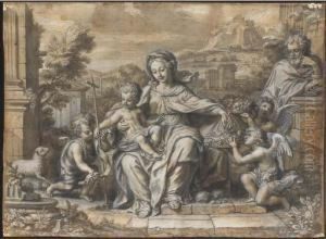 La Sainte Famille Avec Saint
Jean-baptiste Et Des Putti Apportantdes Corbeilles De Fruits Et De
Fleurs Dans Un Paysageclassique by Michel Corneille II