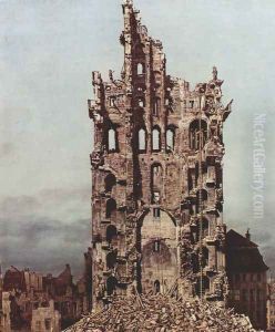 View of Dresden, the ruins of the Cross Church, seen from the east, detail by (Giovanni Antonio Canal) Canaletto