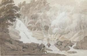 A Traveller Seated By A Waterfall, Possibly Henrhyd Falls,brecknockshire A Traveller Seated By A Waterfall, Possibly Henrhyd Falls,brecknockshire