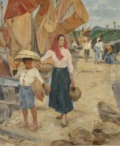 Woman And Boy By Thefishing Boats by Umberto Coromaldi
