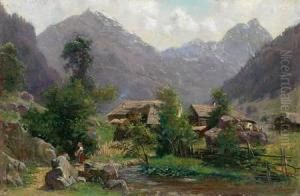 Sommerliche Gebirgslandschaft Mit Kleinem Dorf, Bachlauf Undfigurenstaffage