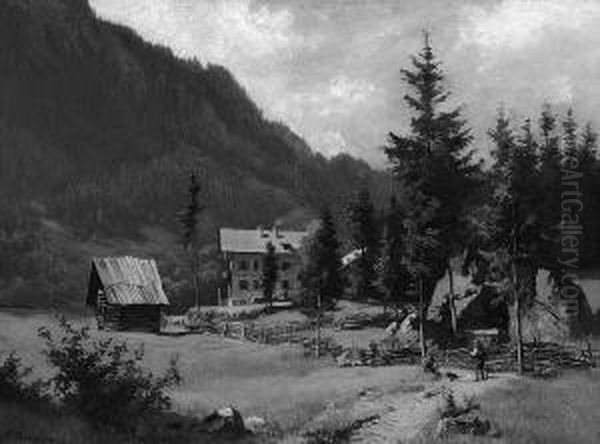 L. "gebirgslandschaft Mit Rastenden
 Jagern Nahe Einem Gehoft". Sign. Ol Auf Lwd. 30 X 41,5 Cm.
 Rahmen - view 1