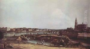 View of Dresden from the left bank of the Elbe, the bastion Sol with Augustus Bridge and the Hofkirche by (Giovanni Antonio Canal) Canaletto