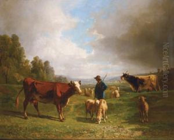 Berger Et Troupeau Au Paturage - view 1