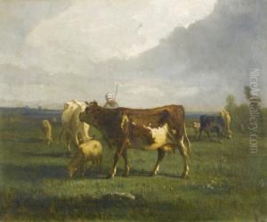 Hirte Mit Kuhen Und Schafen Auf Ebener Weide. by Antonio Cordero Cortes