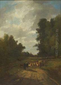 Ganado En Paisaje Con Pueblo Al Fondo by Antonio Cordero Cortes
