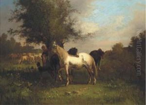 A Farm Girl With Horses And Sheep In A Field - view 1