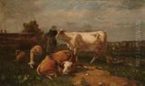 Cattle Watering; Cattle And Sheep In A Pasture by Antonio Cordero Cortes