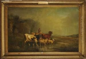 Emmenant Son Troupeau De Vachess'abreuver by Andres Cortes