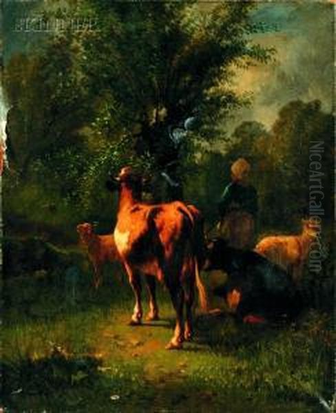 Shepherdess With Cattle And Sheep - view 1