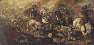 A Cavalry Battle Before A Castle by Guglielmo Cortese Il Borgognone