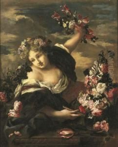 Figura Femminile Con Diadema Di 
Fiori, Flauto E Fiori Nella Mano Sinistra, Poggiata Su Un Piano Di 
Pietra Scolpito, Presso Un Vaso Di Fiori In Cristallo (primavera ?) by Guglielmo Cortese Il Borgognone