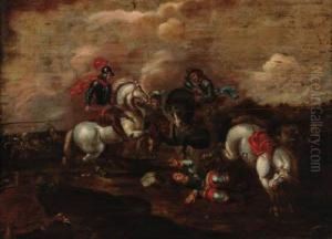 Cavalrymen Engaged In Battle Before A Fortress; And A Cavalryskirmish