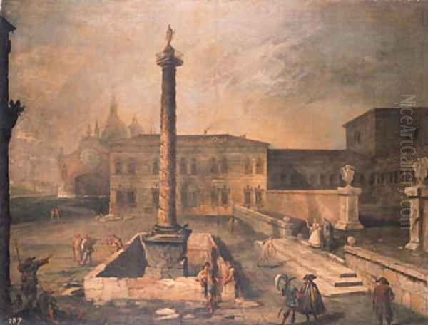 A capriccio of a piazza in front of a palace with the Column of Marcus Aurelius, pilgrims and townsfolk, a domed church beyond - view 1