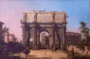 The Arch of Constantine with the Colosseum in the Background by (Giovanni Antonio Canal) Canaletto