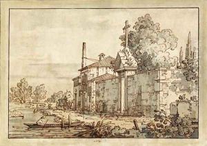 A convent by a river in the Veneto by (Giovanni Antonio Canal) Canaletto