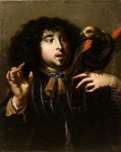 A Young Man With A Green Parrot On Hisshoulder by Jan Cossiers
