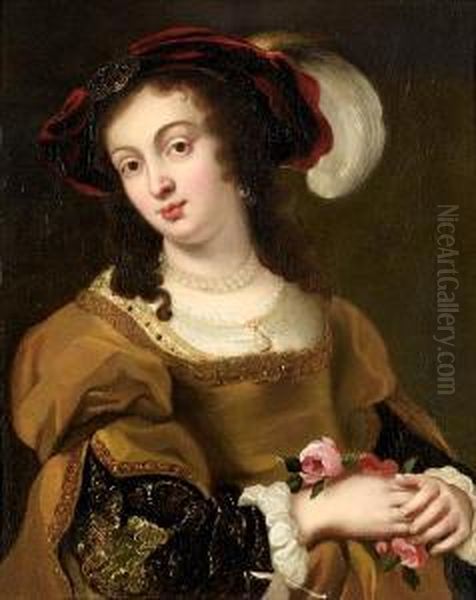 Portrait Of A Young Woman,
Half-length, In A Gold Dress With A Crimson Plumed Hat, Holding Roses - view 1