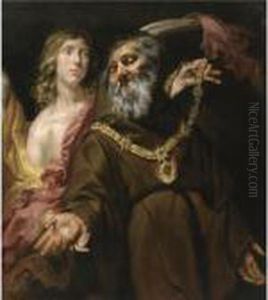 Saint Francis Of Paola Receiving The Arms From Saint Michael Ina Vision by Jan Cossiers