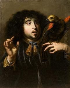A Young Man With A Green Parrot On His Shoulder