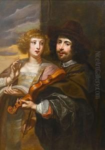 An Elegant Young Lady Singing With A Gentleman Accompanying Her On The Violin