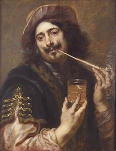 Portrait Of A Gentleman, Said To
Be Adriaen Brouwer, Half-length, In A Dark-blue Fur-trimmed Coat And A
Scarlet Hat, Smoking A Pipe And Holding A Glass - view 1