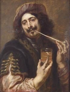 Portrait Of A Gentleman, Said To
 Be Adriaen Brouwer, Half-length, In A Dark-blue Fur-trimmed Coat And A
 Scarlet Hat, Smoking A Pipe And Holding A Glass