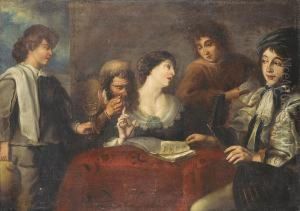 Interior With An Elegant Company Drinking And Playing Music