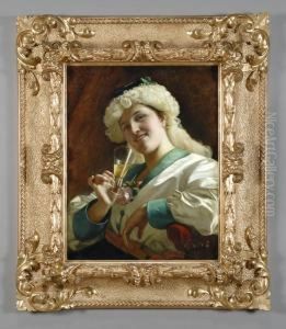 Il Brindisi Dopo La Festa Olio Cm.48x62 Cornice Coeva In Legno Intagliato E Dorato