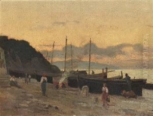Figures With Boats Moored On A Beach, Possibly Capri by Giovanni Costa
