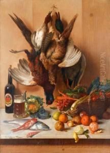 Tabletop Still Life With Game Birds, Ale, Fish, Vegetables Andfruit by Oreste Costa