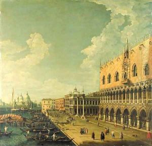 The Doge's Palace, Venice, and the Molo, looking west towards the Punta della Dogana and the Church of Santa Maria della Salute