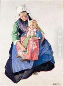 Mother And Child At Plougastel In Brittany by Virgilio Costantini