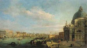 The entrance to the Grand Canal, looking east from the Salute towards the Bacino di San Marco, the Doge's Palace and Riva degli Schiavoni beyond