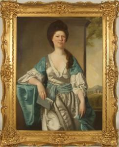 Three Quarter Lengthportrait Of A Lady In White Satin Dress With Blue Sash