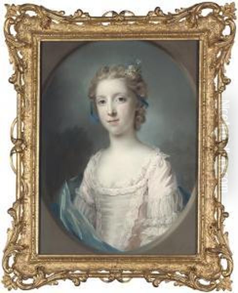 Portrait Of A Young Girl, Half-length, In A Pink Dress And Bluesash, Feigned Oval - view 1
