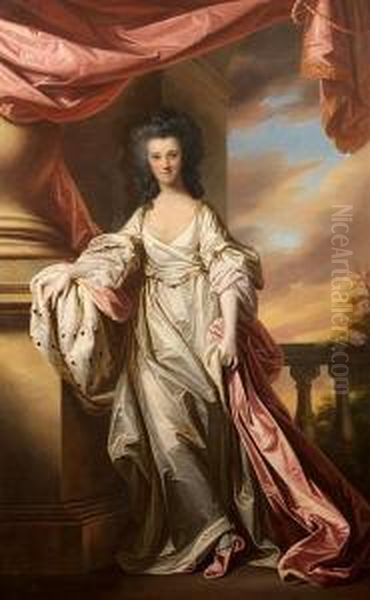 Portrait Of Anne, Marchioness Of
 Donegal, Fulllength Wearing A White Dress, Standing Beside A Curtain 
With A Viewto A Landscape Beyond - view 1