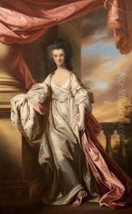Portrait Of Anne, Marchioness Of
 Donegal, Fulllength Wearing A White Dress, Standing Beside A Curtain 
With A Viewto A Landscape Beyond