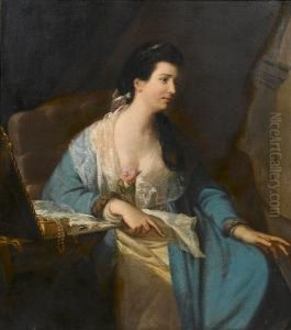 Portrait Of A Lady, 
Three-quarter-length, In A Blue Dress With A White Lace Shawl Held With A
 Pink Rose, Seated At Her Dressing Table