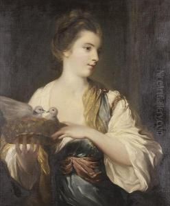 Portrait Of A Lady, Half-lengh, 
In A Pale Blue And White Dress With A Pink Sash At Her Waist, Holding A
 Basket Of Doves