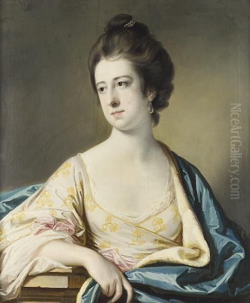 Portrait Of Lucy Ann Byron,
Half-length, In A White Dress With Yellow Embroidery, And A Blue Wrap,
Leaning On A Ledge - view 1
