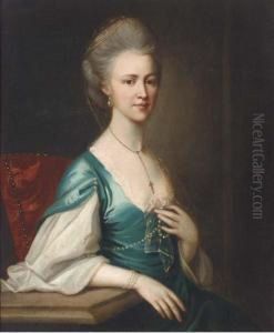 Portrait Of A Lady, Half-length, In A Blue Satin Dress, Seated At Atable by Francis Coates Jones