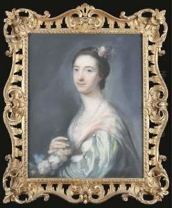 Portrait Of Elizabeth Rushout, 
Later Mrs. Myddelton, Half-length, In A Blue And Green Dress And Pearl 
Necklace, Holding Flowers, Other Flowers In Her Hair by Francis Coates Jones