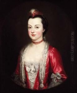 Portrait Of A Lady, Half-length,
 In A Red Dress With Lace Trimming,and A Feather In Her Hair, Feigned 
Oval by Francis Coates Jones